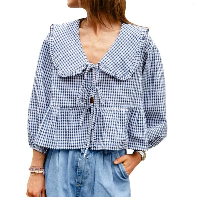 Damesblouses zomer prairie chic zoete shirt plaid print lantaarn lange mouw poppen kraag strik bie-tie-up voorkant losse peplum tops