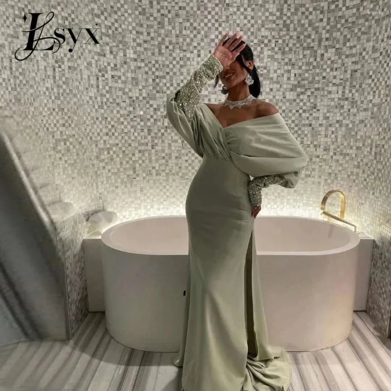 Party Dresses LSYX Saudi Arabic Women Green Mermaid Evening Off The Shoulder Long Sleeves Glitter Prom Gowns Formal Dress