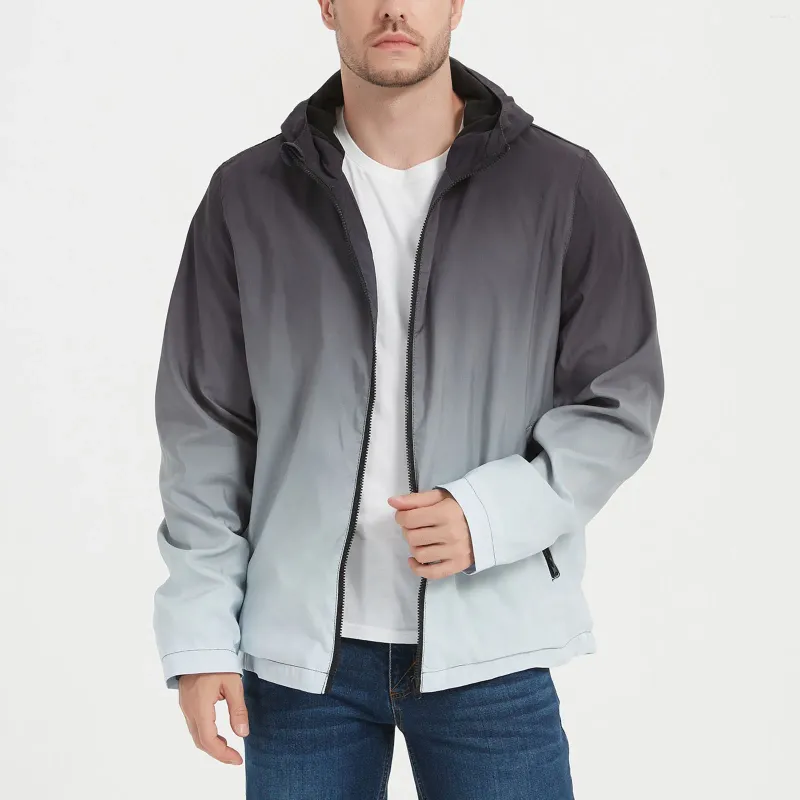 Men's Jackets Gradient Hooded Outdoor For Mens Hiking Windproof Coat Multi Pocket Zipper Long Sleeve Thin Overcoats Hombre