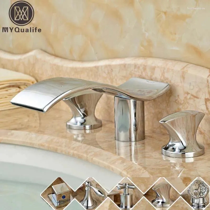 Bathroom Sink Faucets Modern Wave Shape Waterfall Bath Tub Faucet Deck Mount Dual Handles Basin And Cold Mixer Taps