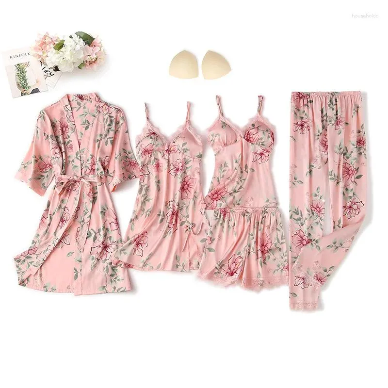 Women's Sleepwear Female Lingerie Nightwear 5Pieces Satin Pyjamas Women Pajamas Sets Flower Print Pijama Kimono