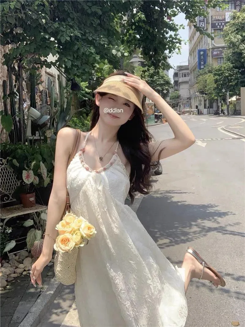 Casual Dresses Hanging Neck Design Chiffon Dress Women's Seaside Vacation French Open Back High-end Apricot White Long Skirt