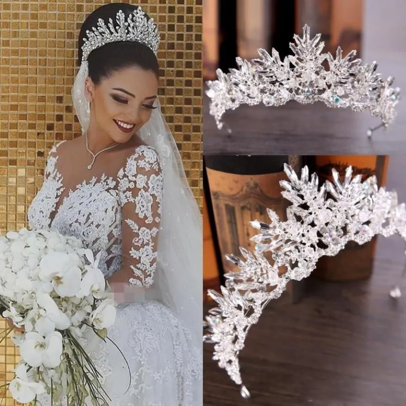 Tocados Luxury Bridal Crown Boda Accesorios para el cabello White Marfil Long Crystal Beading Bling Iglesia Hermosa diseñadora Saudi Duba 309o