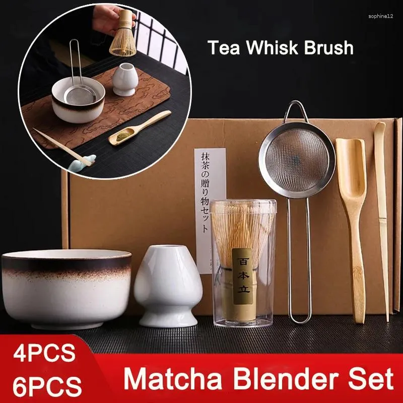 Ensembles de voies de thé 6pcs 4pcs à thé Brosse de fouet Brush Bamboo Matcha Scoop et support Bol avec passoire Accessoire de cérémonie japonaise