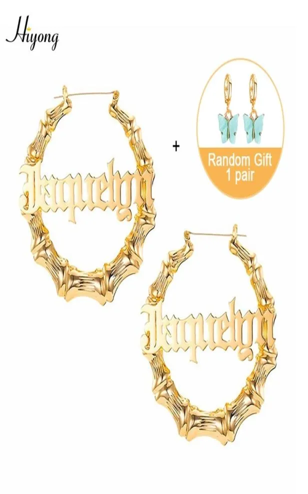 Hiyong aangepaste naam oorbellen bamboe hoepel oorbellen goud vergulde oorbellen voor vrouwen meisjes hiphop mode sieraden geschenken 21031211494