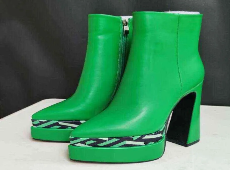 Botas femininas impressão de moda feminino039s tornozelo 2022 outono inverno novo grossa plataforma de salto alto pontuado sapatos de festa verde rose16773334