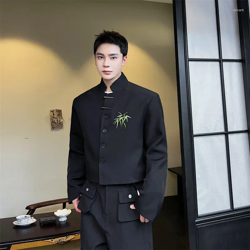 Herenpakken mannen Chinese stijl blazer standaard nek metalen knop met metalen knop bamboe geborduurde streetwear persoonlijkheidsjassen
