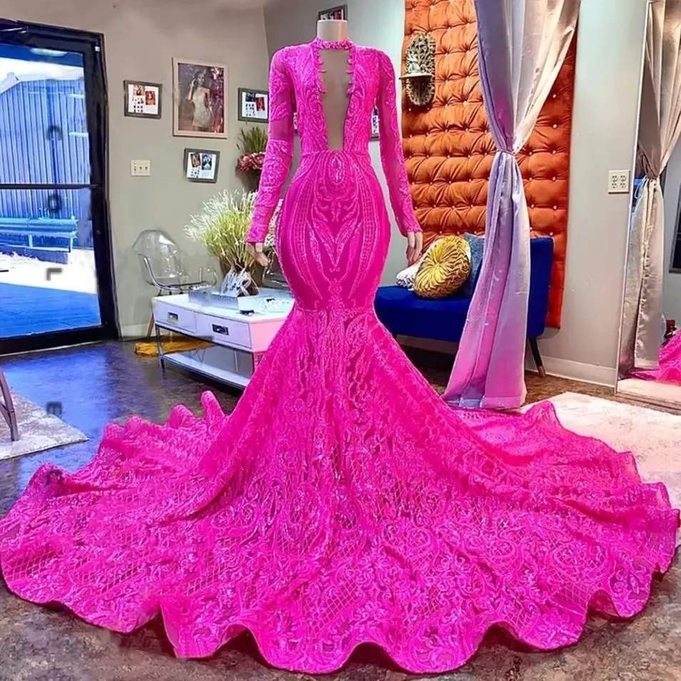 2023 Fuchsia sirène longue robes de bal africain fille noire longue manches longues à paillettes de luxe de luxe