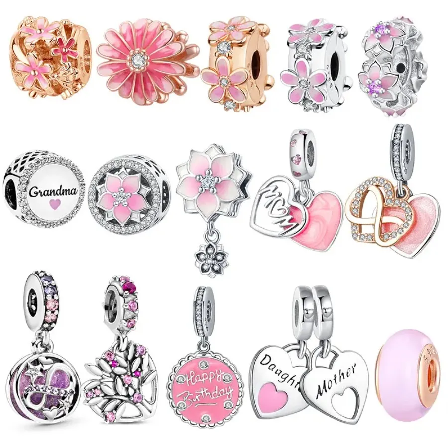 925 Sterling Silver Fit Pandoras Charms Bransoletka Koraliki Urok Pendanty Pink Charms Magnolia Flower Heart Infinity Love mama