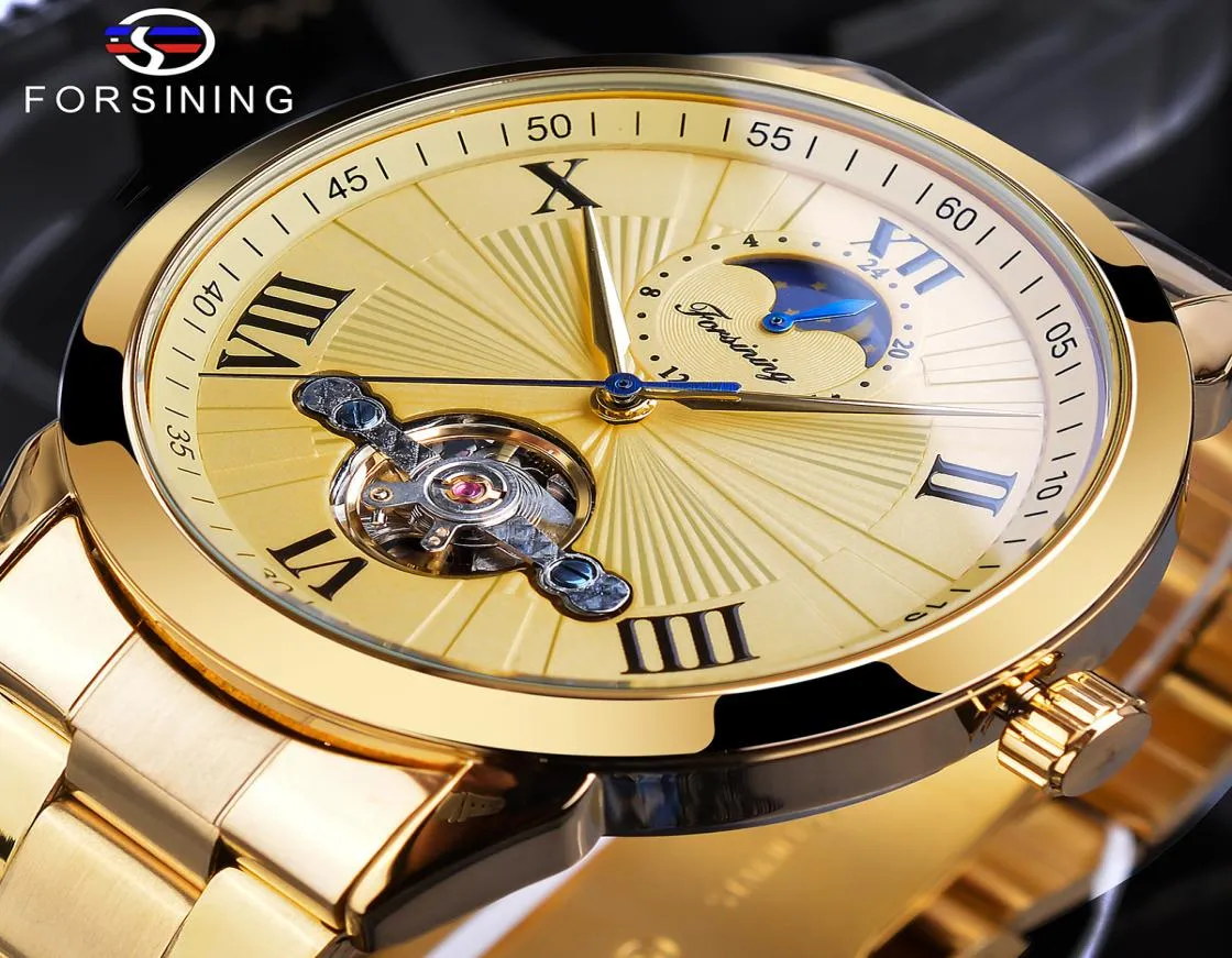 Forsining Skeleton Watches for Men Gold inossidabile cinghia in acciaio inossidabile orologio meccanico orologio di lusso moonfase di lusso tourbillon orologio S2458232