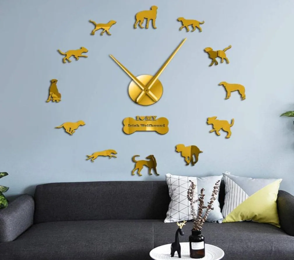 Orologi da parete Irish Wolfhound Dog Giant Orologio fai -da -te Pet Animal Frameless 3D Orologio Specchi di orologi 6536281