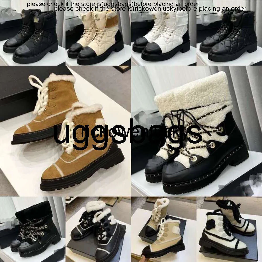 Chanels Shoe Channel Paris Botas de combate acolchoadas chan Puff Puff Shearling Lace Up Tornozelo Sherpa lã forrada de lã Botas de neve Block salto