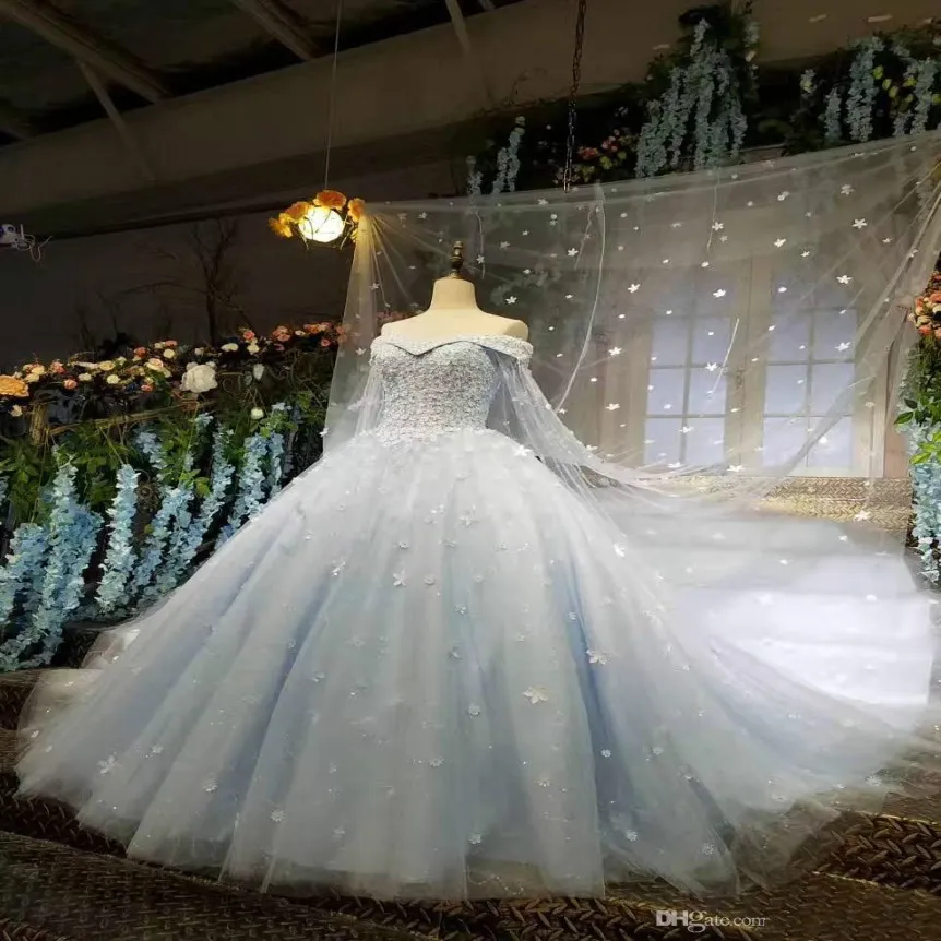 Cinderella Ball Gown Wedding Dresses With Long Wraps Light Sky Blue Beads 3D Applique Lace Princess Bridal Clows Sweep Train Robes De M 2656