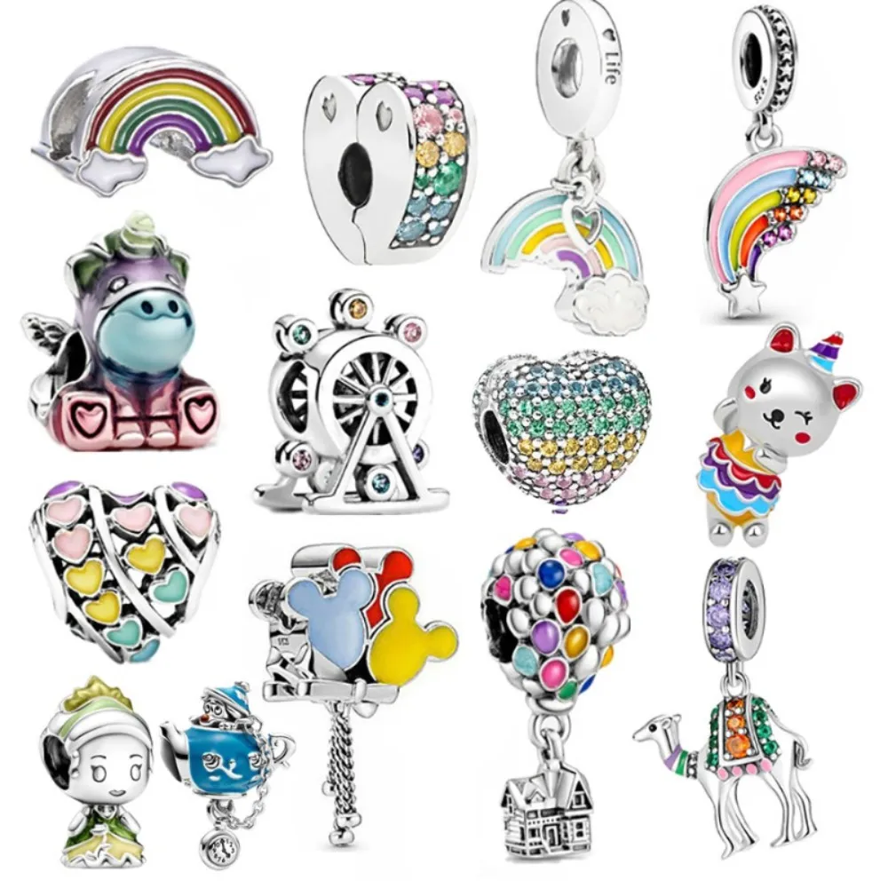 925 Sterling Silver Fit Pandoras Charms Bracelet Perles Charme Nouveau produit Couleur Rainbow Balloon Coeur