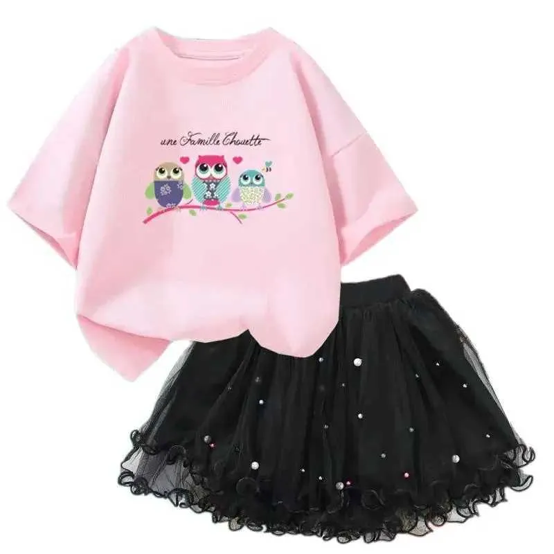 Vêtements Ensembles d'été Childrens Vêtements fille mignon T-shirt de hibou de dessins animés + Tutu Two Piece Kawaii Baby Girl Princess Skills Setl2405