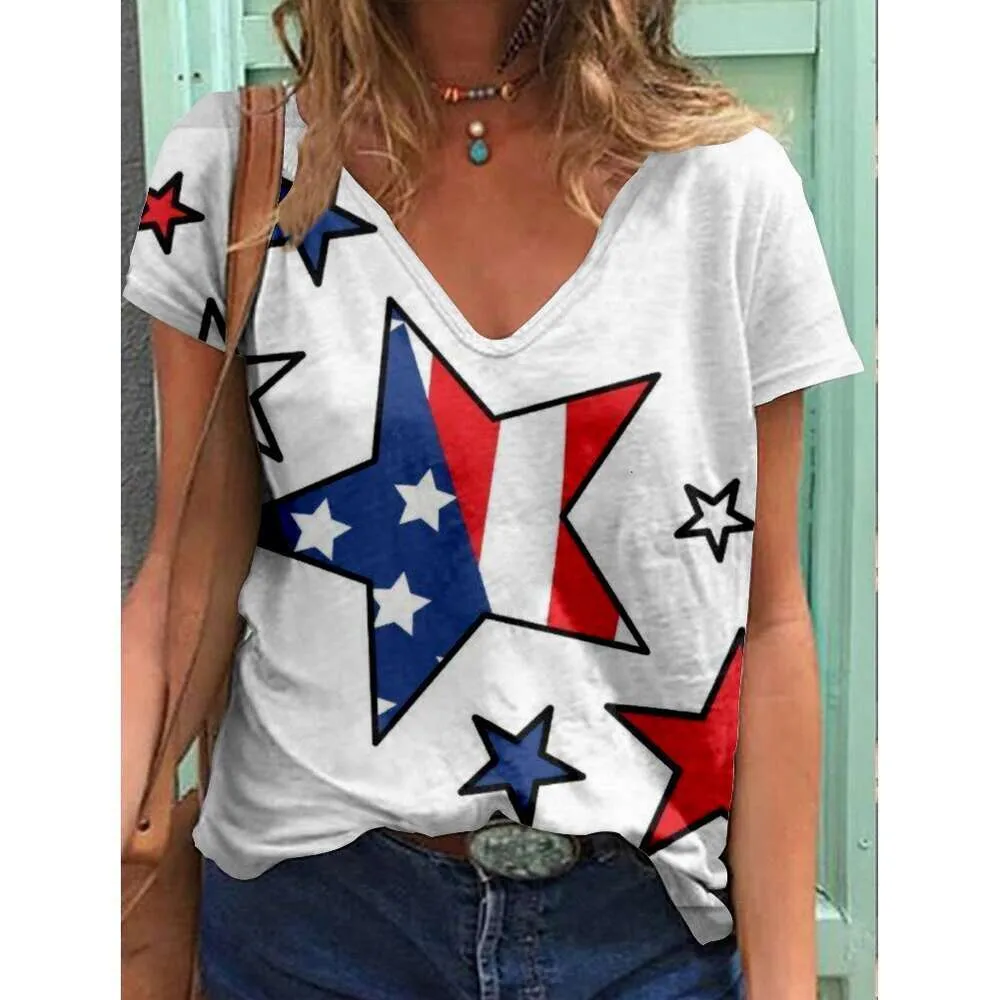 Nya kvinnors självständighetsdag tema tryckt V -halsskjorta imitation bomull kortärmad t -skjorta skjortor för kvinnor designer långa ärmar z9pg