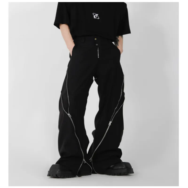 Men de marque à la mode américaine Black Zipper Design Slit Pantalon légèrement évasé Pantalon de pantalon décontracté droit pantalon rétro