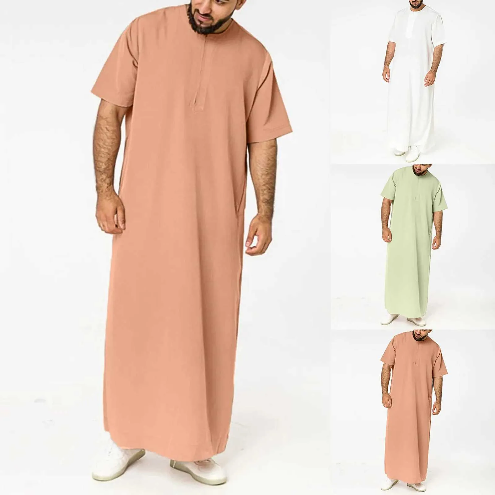 エスニック服2024ニューイスラム教徒中東アラブドバイマレーシアメンズルースローブポケットジッパーシャツイスラム服の祈りのドレスアフガニスタン2405