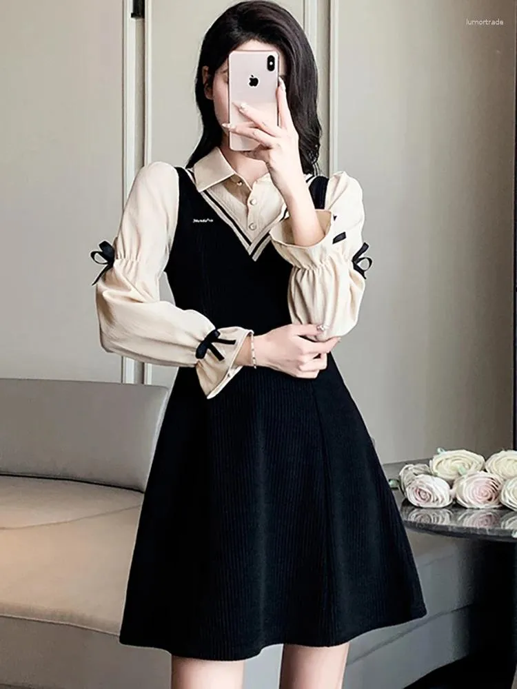 Casual Dresses Autumn Winter Black Corduroy Patchowrk Bow Long Sleeve Dress Women Preppy Style Polo Collar Mini 2024 Korean BodyCon