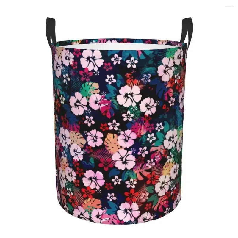 Laundry Bags Folding Basket Hawaiian Tropical Floral Pattern Round Storage Bin Large Hamper Collapsible Clothes Toy Bucket Organizer