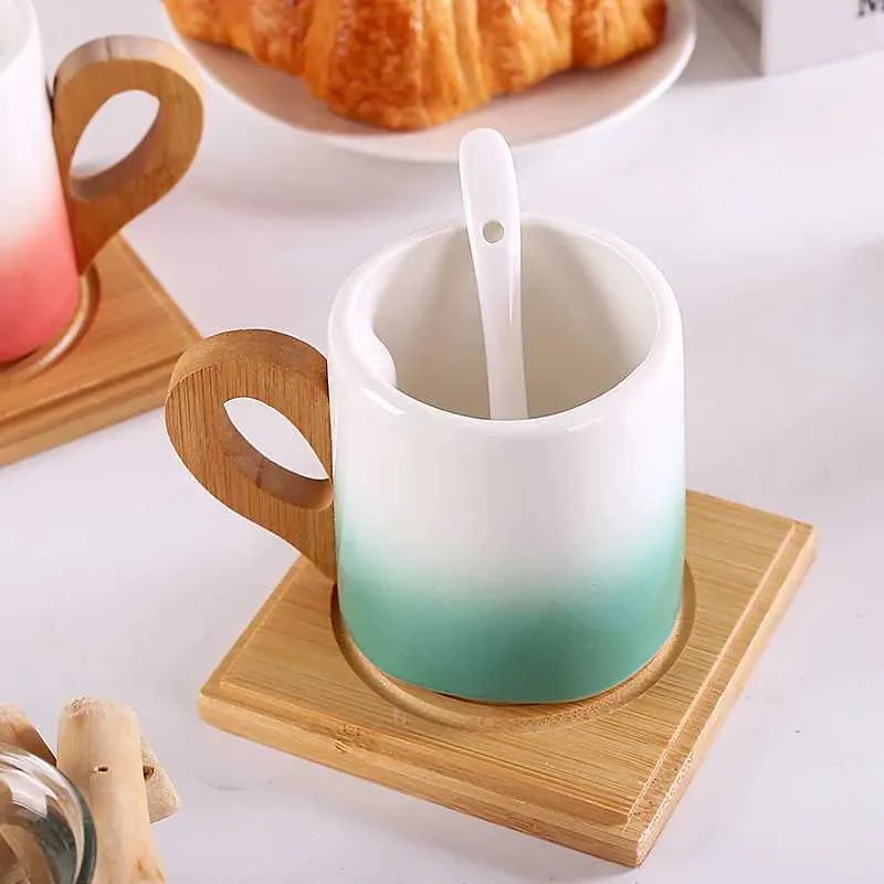 Cups Saucers 200ml Creative Cup with Bamboo Handle and TrayPorcelain Breakfast Milk Coffee Tea MugKitchen Water DrinkwareTeacupCoffee Mug