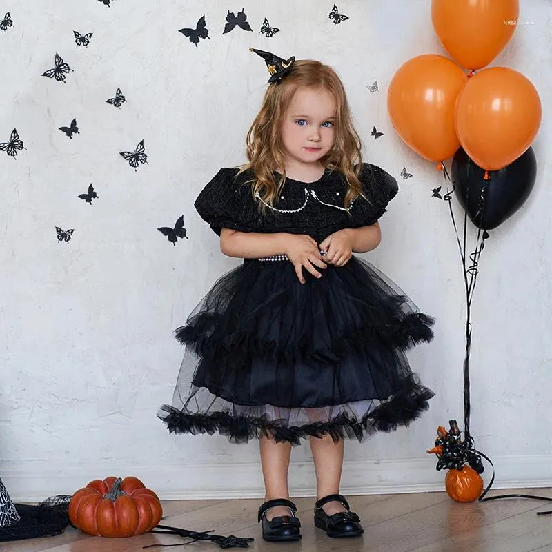Vestidos de menina Cerimônia de criança vestido de halloween preto para roupas de bebê Baptismo Birthday Beads