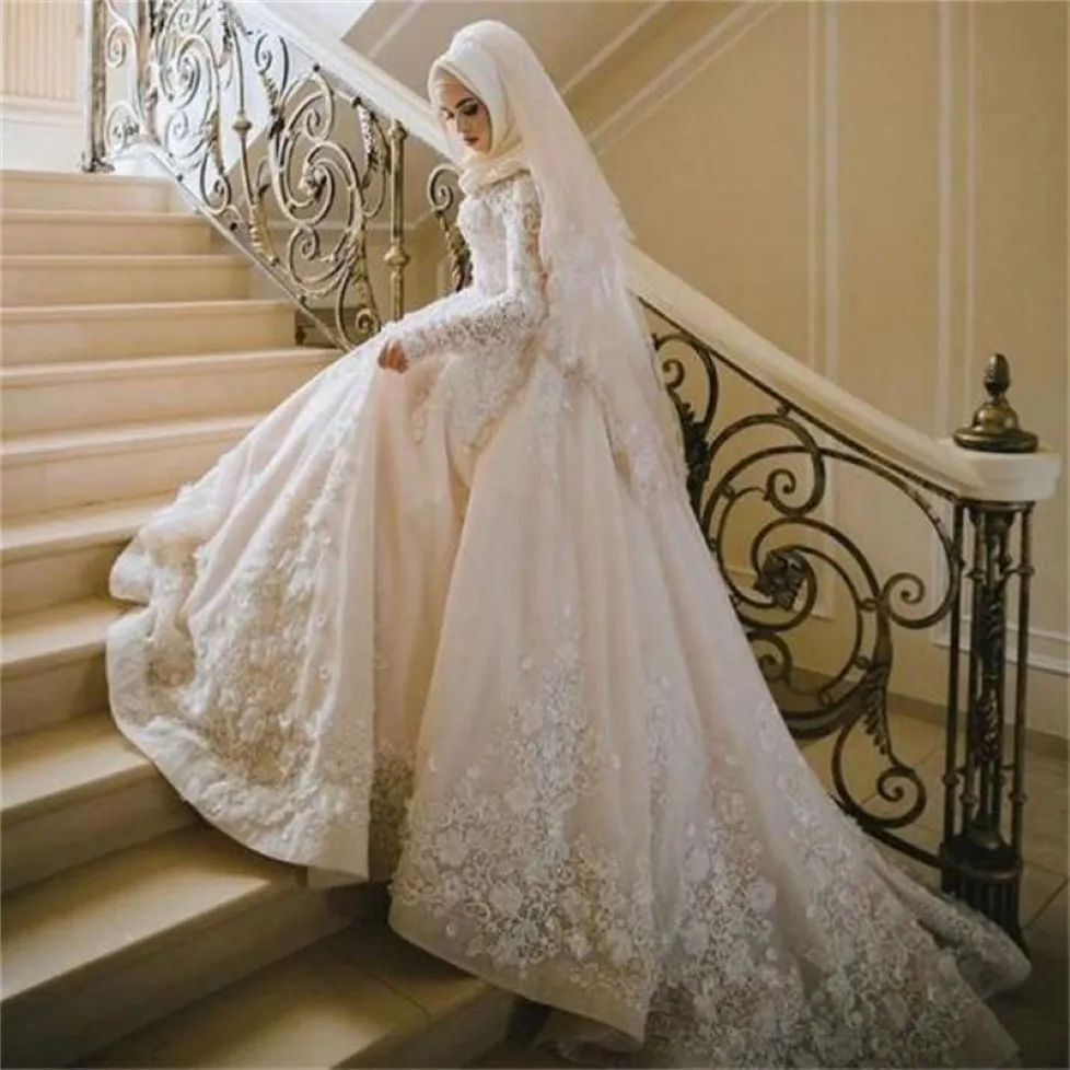 Vintage Lace Muslim Wedding Dresses Long Sleeves Plus Size Bridal Gowns with Hijab Vestidos de novia Luxury Wedding Dress 219E