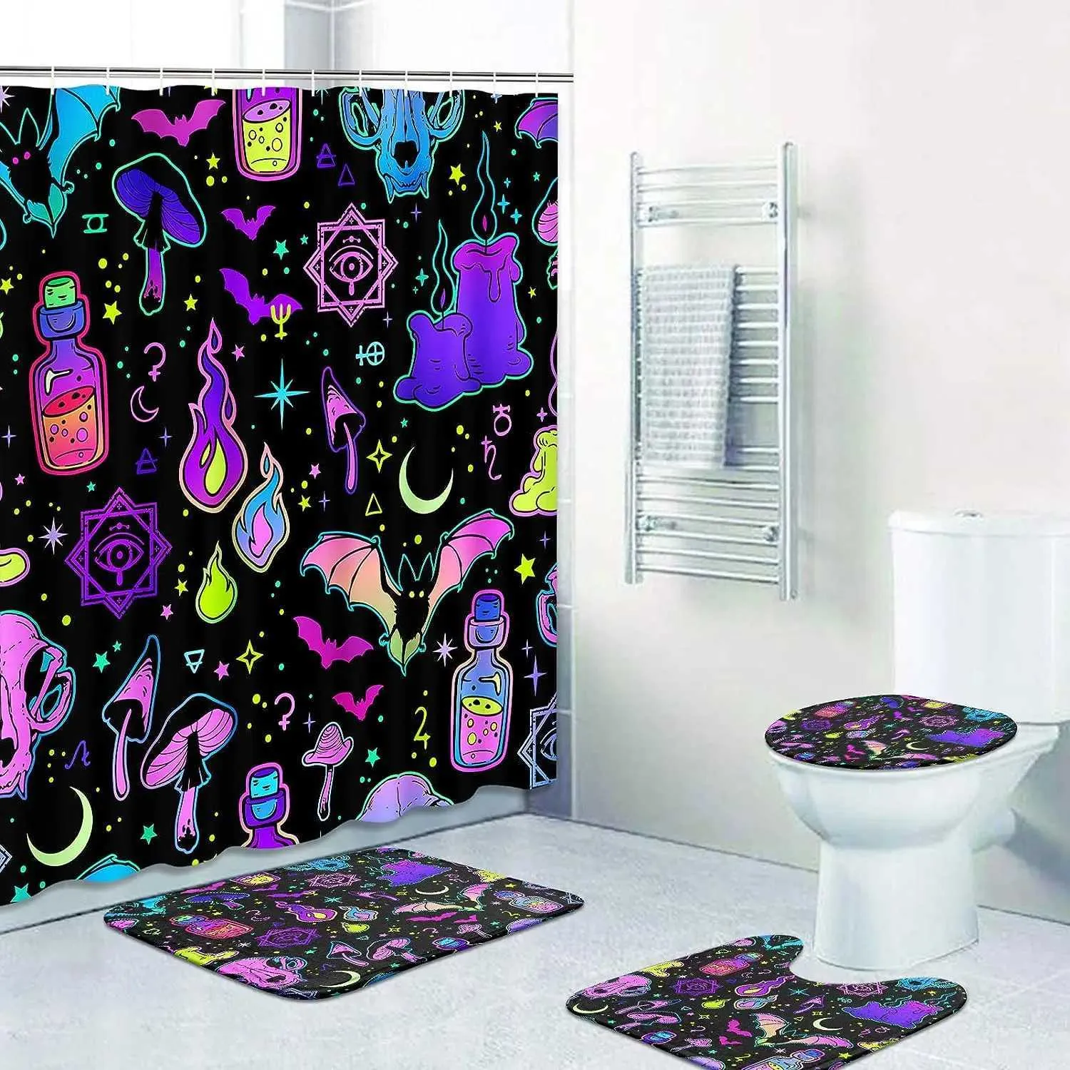 Zasłony prysznicowe Halloweenowy zestaw łazienki z zasłoną prysznicową i akcesoria dywaników Czarownica Upiorna Zasłona prysznicowa do wystroju sztuki w łazience