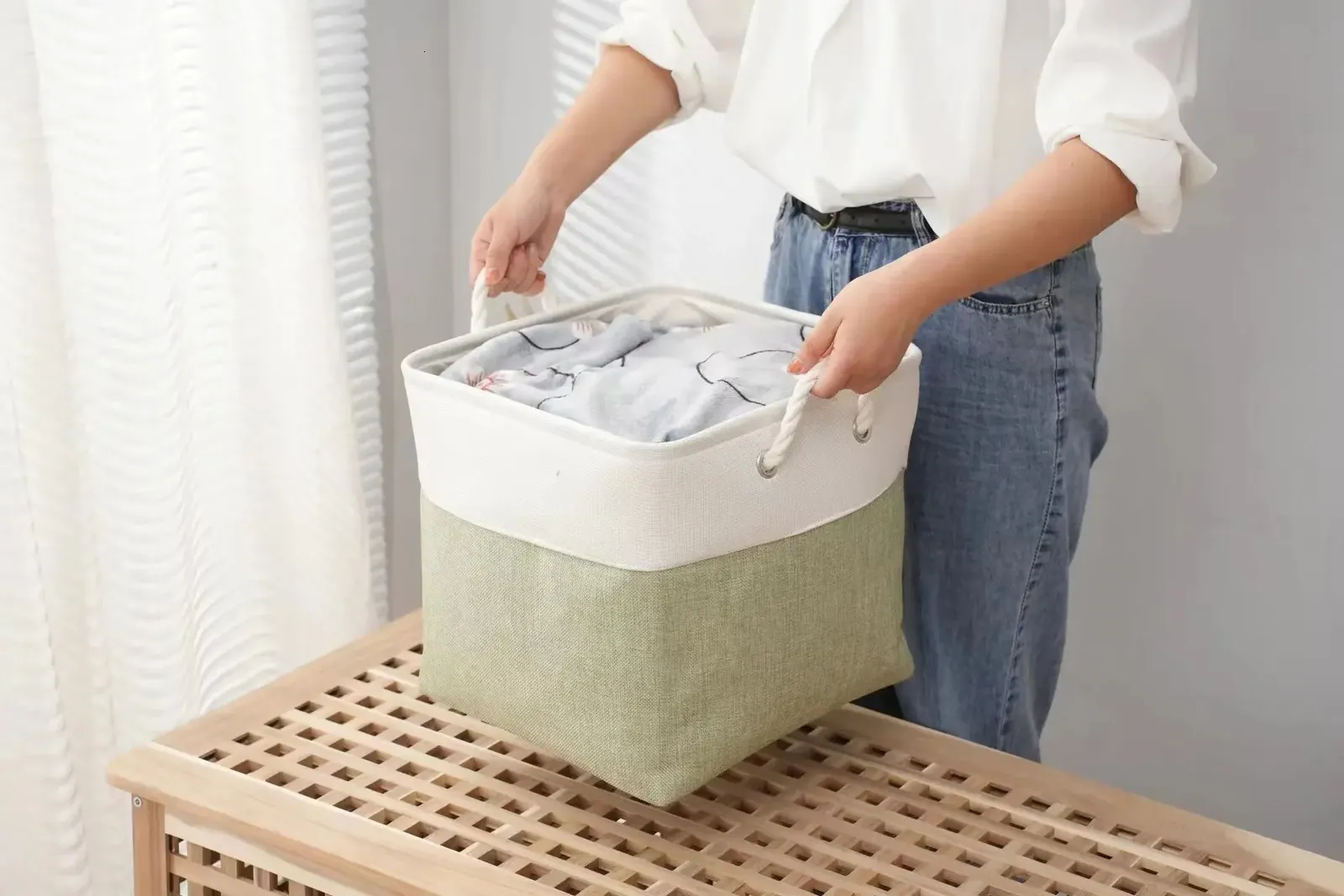 Living room basket storage laundry basket foldable linen storage basket with lining used for organizing bedroom toys 240510