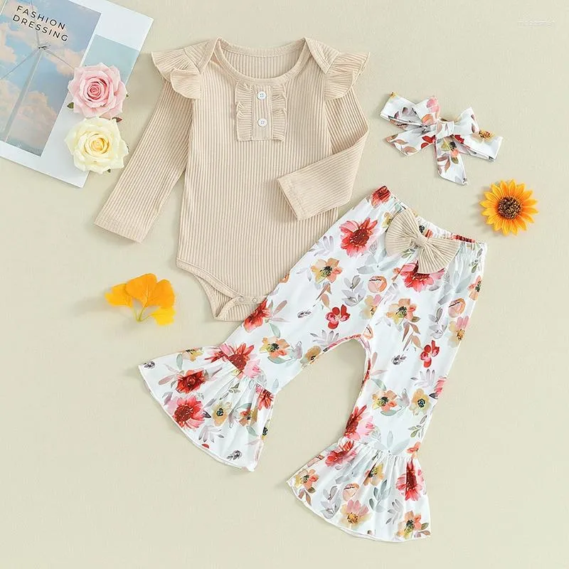 Ensembles de vêtements 0-18 mois pour bébé 3pcs Vêtements Ensemble de vêtements de couleur solide avec pantalon fleuri et pantalon d'arc