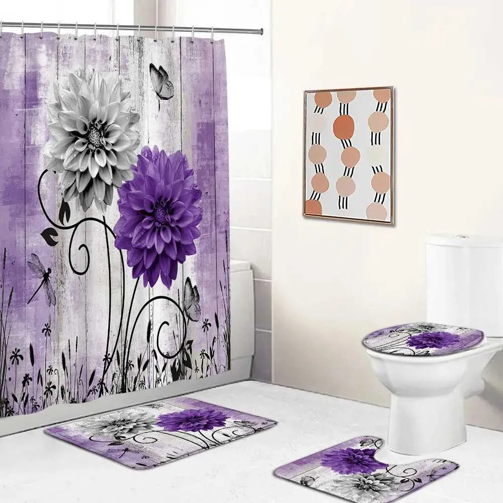 Zasłony prysznicowe kwiaty stokrotka Zestaw zasłony prysznicowej bez poślizgu kwiatowy drewniana mata drewniana deska Domowy dywan dekoracje łazienki okładka pokrywka