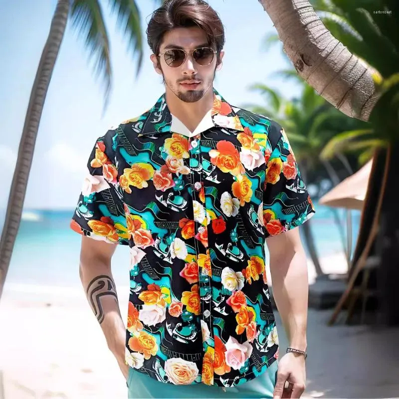 Chemises décontractées pour hommes Ventes d'été Vêtements Hawaiian Man Origina guitare fleurs de rose mâle plage lâche à manches courtes