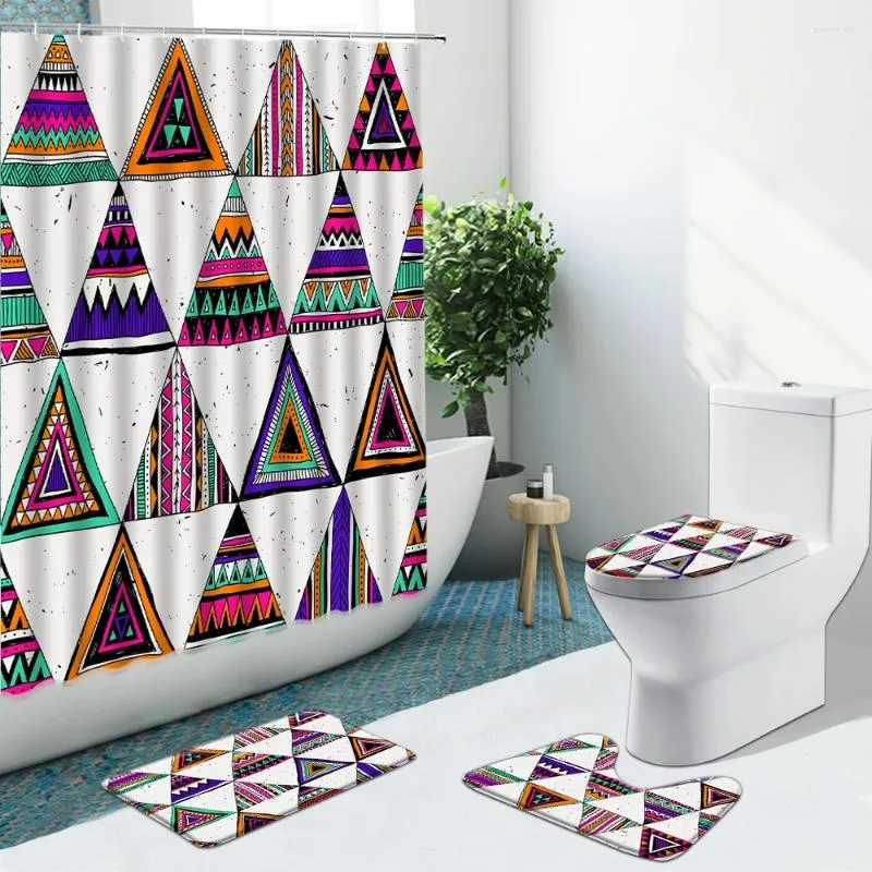 Duschvorhänge geometrische Retro-Muster Vorhang Streifen Punkte Nicht-Schlupfteppiche Flanell Bad Matte Toilettenabdeckung Badezimmer Set Hausdekoration Waschbar