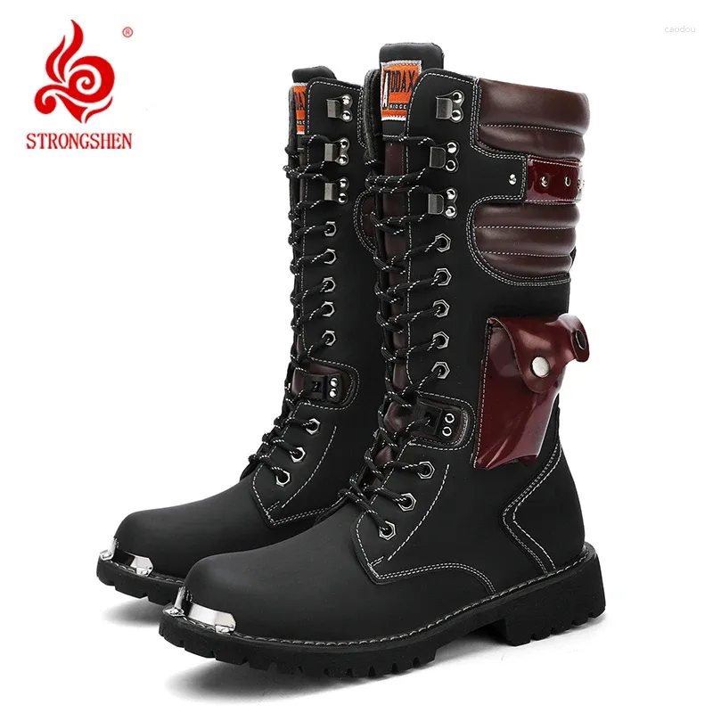 Boots Strongshen Mentiar Motorcycle en cuir Mid-Calf Combat Hightop Casual Steel Toe Punk Bootstactical Army Boot