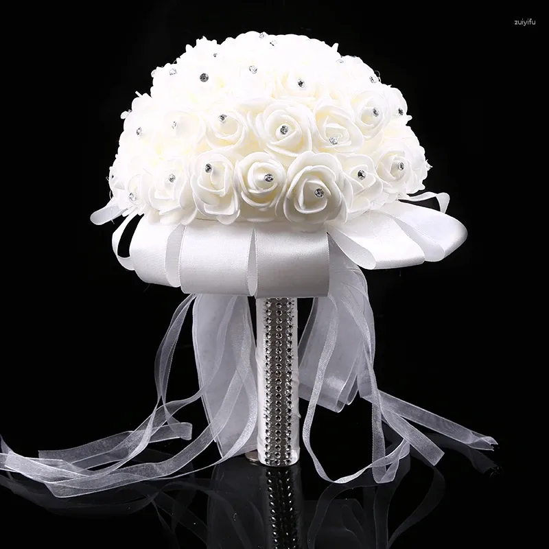 Fleurs décoratives Bouquets de mariage artificiel Simulation Rose blanche avec un ruban Ribine Bridesmaid Bridal Party Home Decor