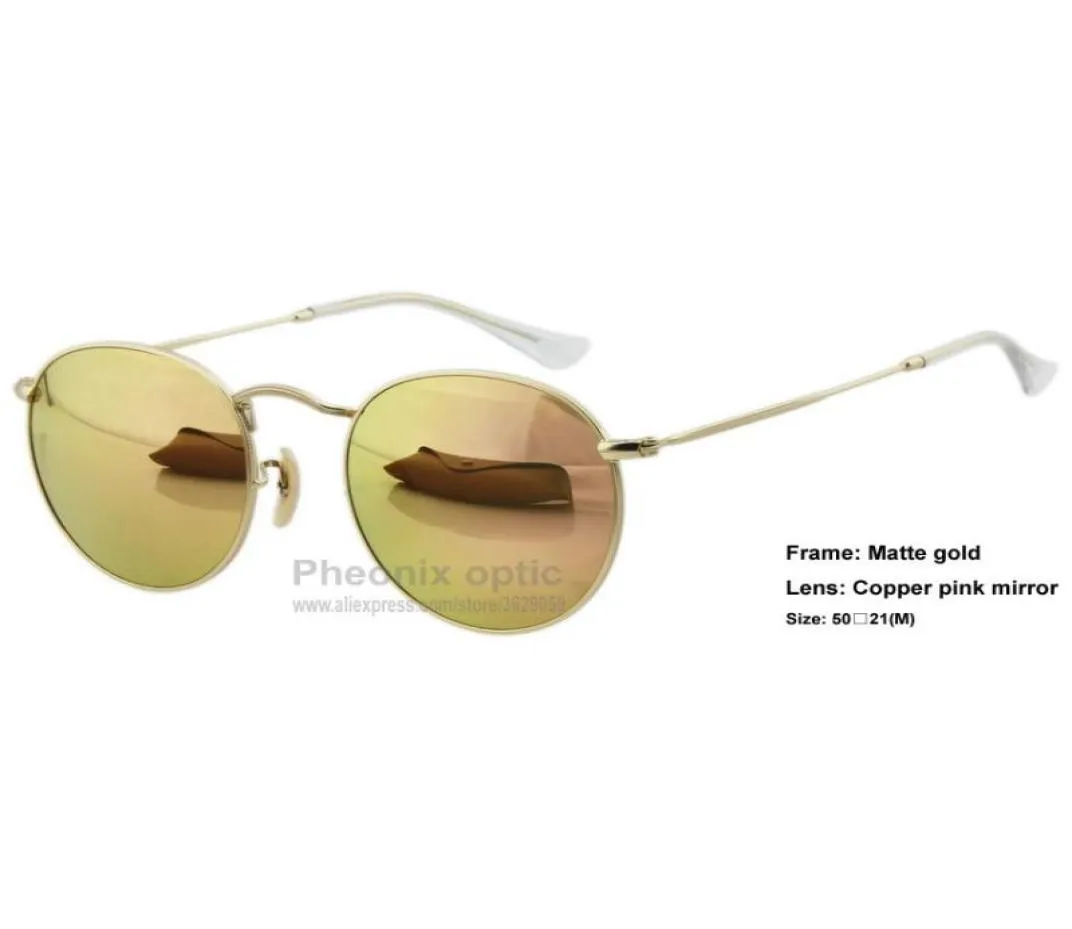 Óculos de sol Moda Classic Round Style Metal Frame Glass Flash Mirror Lente 50 mm Tamanho Arista UNISSISEX Vestido de verão Whole7668195