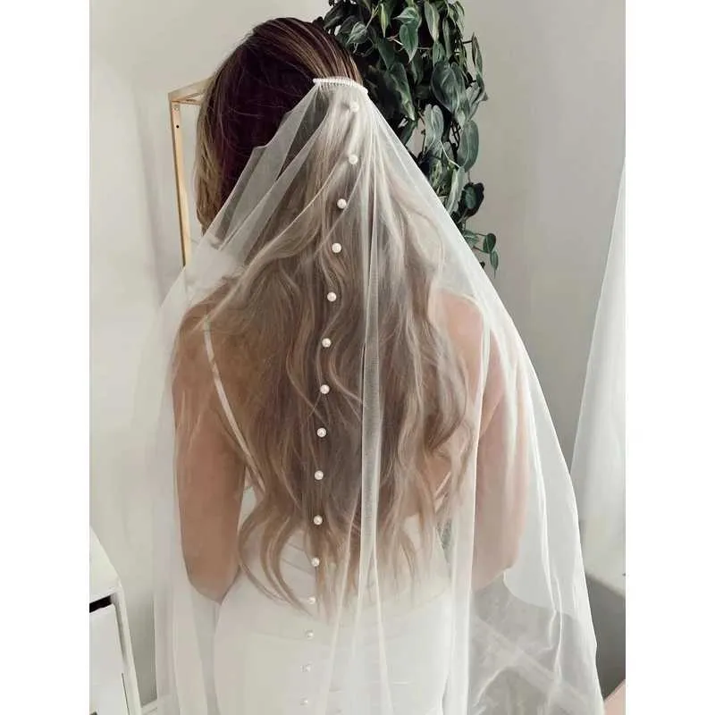 Hair Jewelry V64 Simple Pearls Bridal Veils Sheer Veil 1 Tier Cut Edge Beaded Short Soft Wedding Accessories for Bride_voghion.com