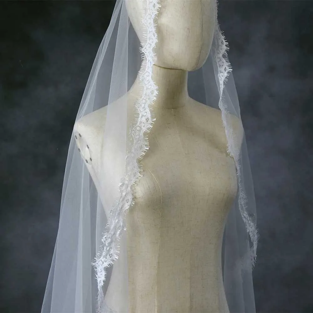 Bijoux de cheveux voile 1 niveau longs voiles de mariage accessoires de mariée garniture en dentelle festonnée Tulle doux court Veu VP98_voghion.com