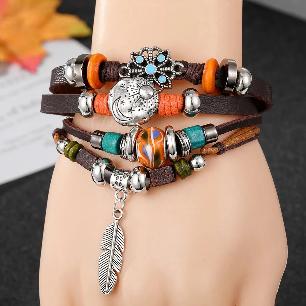 Vinatge gotische punk moon star metaal multilayer lederen armband mannen blad armbanden armbanden mannelijke arm zon sieraden groothandel 240423