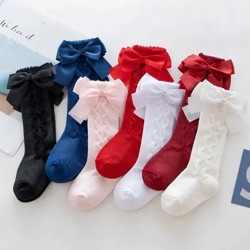 Chaussettes pour enfants 4 paires / lot de filles chaussettes hautes genoues bébé chaussettes en coton gros arc enfant doux princesse longues 0-5 ans d240513