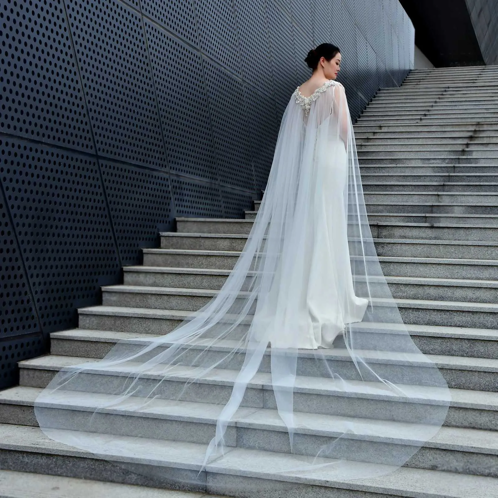 Long Bridal Cape Veil With 3d Flowers Elegant Wedding Shawl_voghion.com