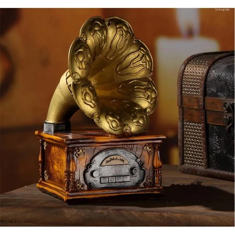 Figurines décoratines Retro Music Box Ornements Résine Mini Gramophone Minion miniature Vintage Art mécanique travail Home Coffee Bureau décor