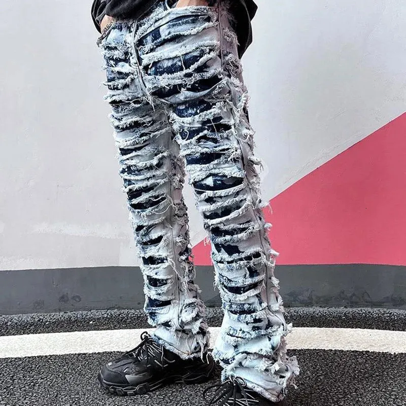 Men Diastressed denim jeans streetstyle vintage gestapelde fit stijlvolle magere fit wijd uitlopende gescheurde broek casual mode winterkleding 240511