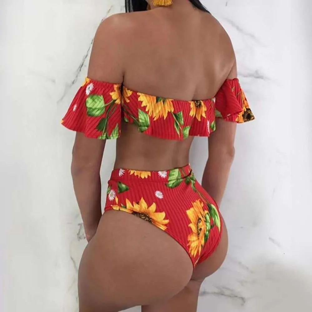 2024 Nouveau Split One Line épaule Lotus Leaf Edge Suower Imprimerie haute taille sexy Bikini Swimsuit Ggitys WSHX