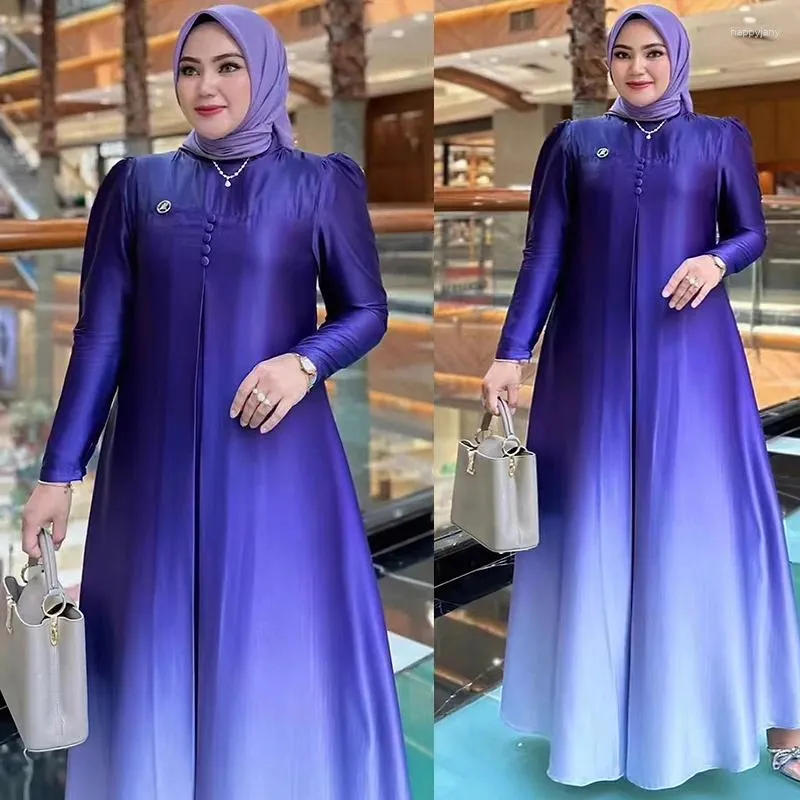 Casual Dresses Spring Summer Fashion Gradient Print Dress Muslim Women High Neck Long Sleeved Robe Loose