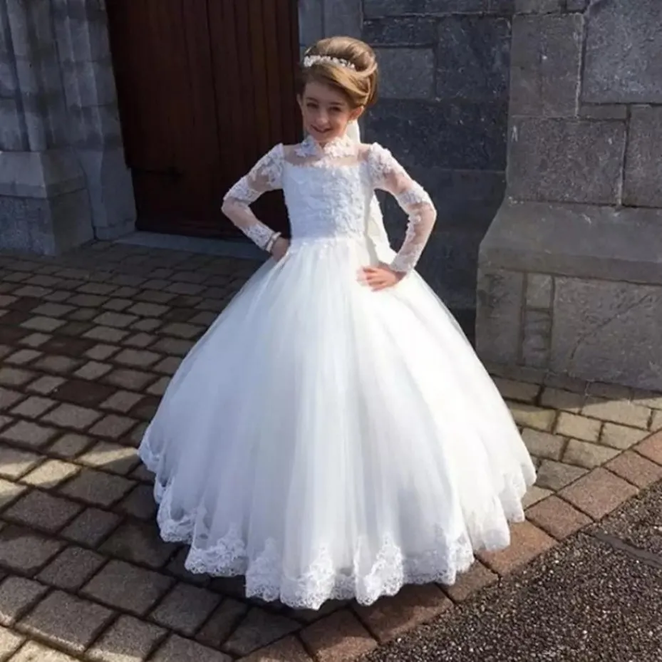 Stylish White Flower Girls Dress For Wedding Party High Neck Baptism GOWNS TULLE FULL SLEEVE Applicies Kid Holy Communion Gown 280C