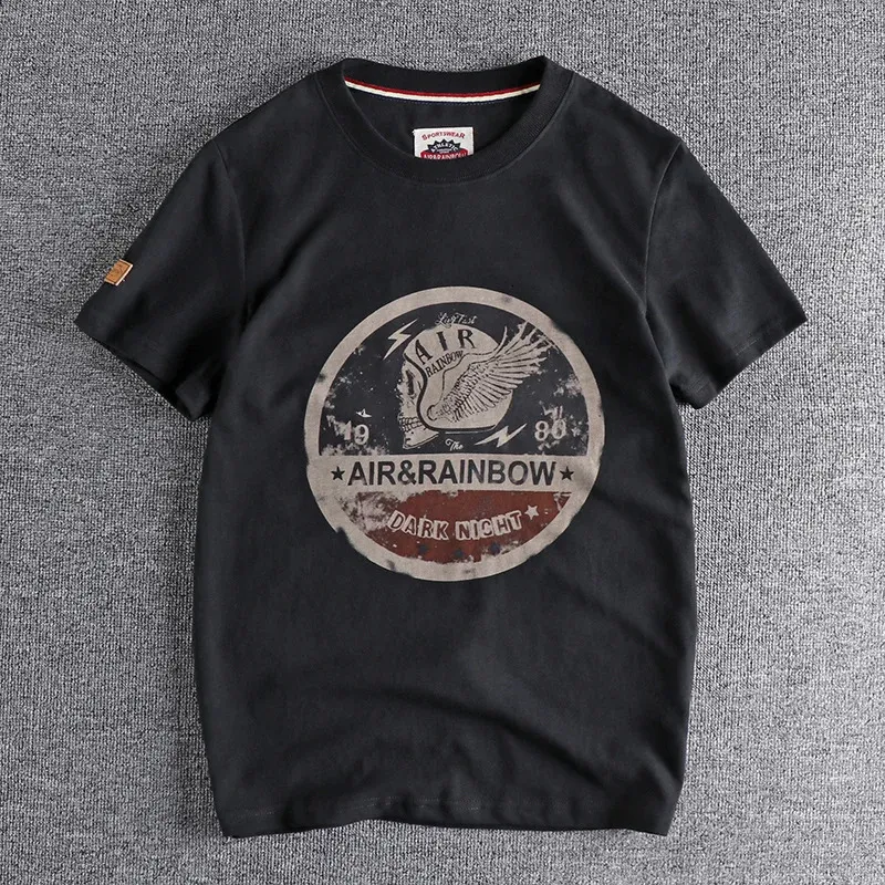 夏アメリカンレトロショートスリーエレキングスカルプリントTシャツメンズファッションシンプル100コットンウォッシュカジュアルスポーツトップ240508