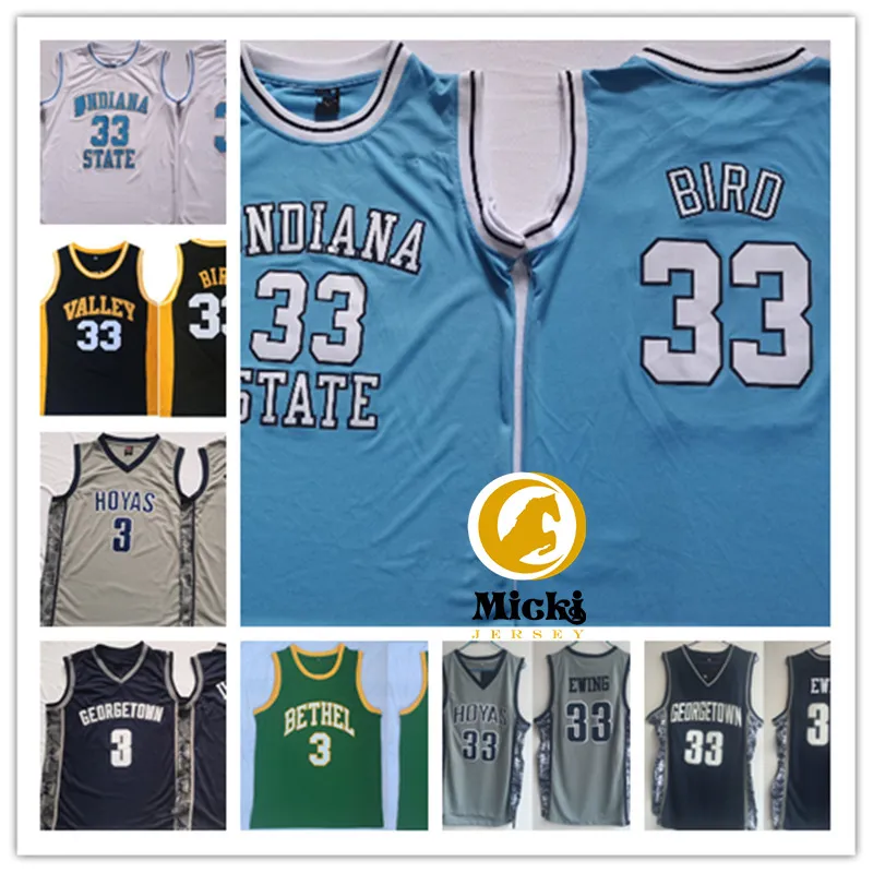 Mens Larry Bird Indiana State Sycamores Basketball Jersey Cousé Patrick Ewing Georgetown Hoyas Jersey Allen Iverson Bethel High School Jersey S-3XL