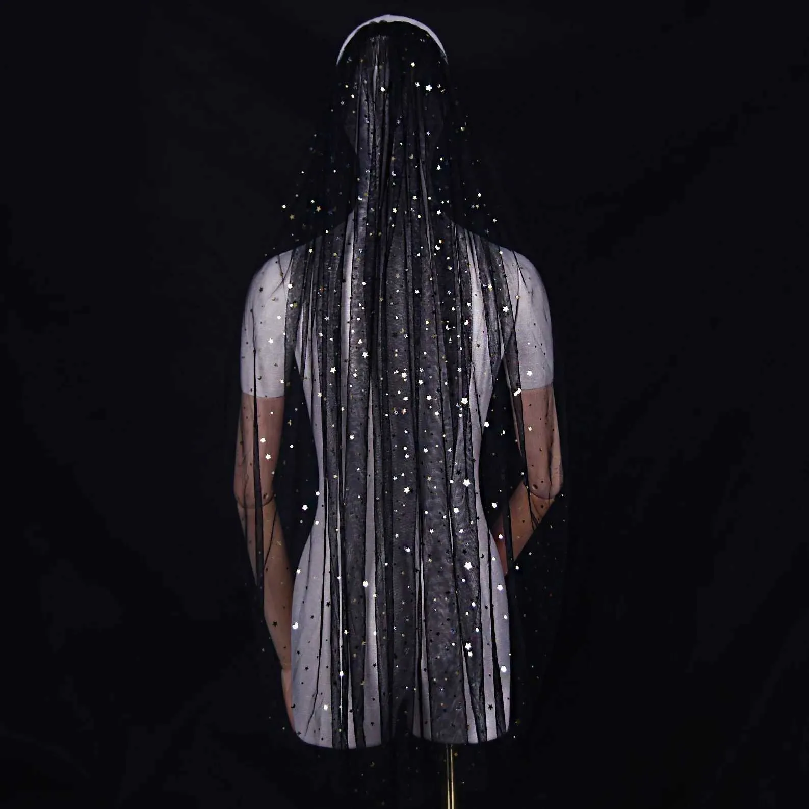 Sparkly Black Bridal Veil With Gold Star And Moon Details_voghion.com