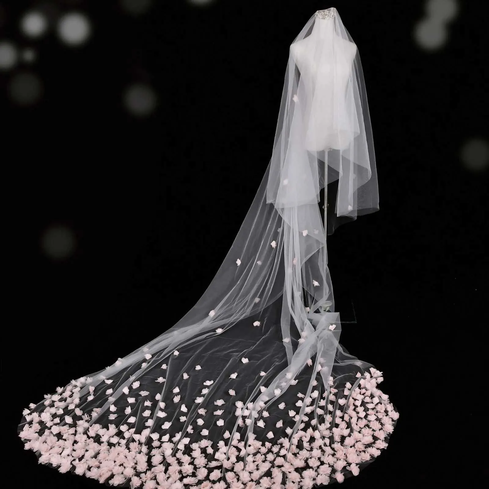Hair Jewelry V95 Wide Pink Flower Appliqued Wedding Veil Long Cathedral Style Illusion 2 Tier with Comb Bridal_voghion.com